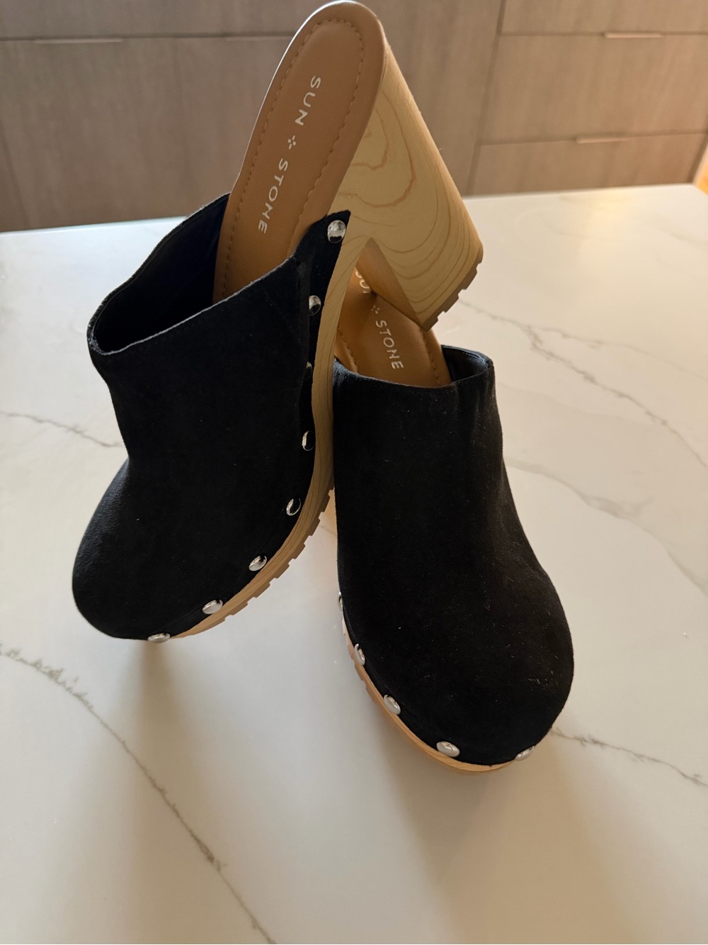 Sun + Stone Black Suede Clog Mules